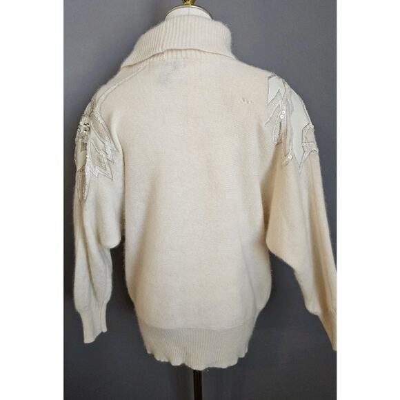 Vintage Anna Laurence Embellished Angora Sequin Sweater Cream Turtleneck Holida - Picture 4 of 10